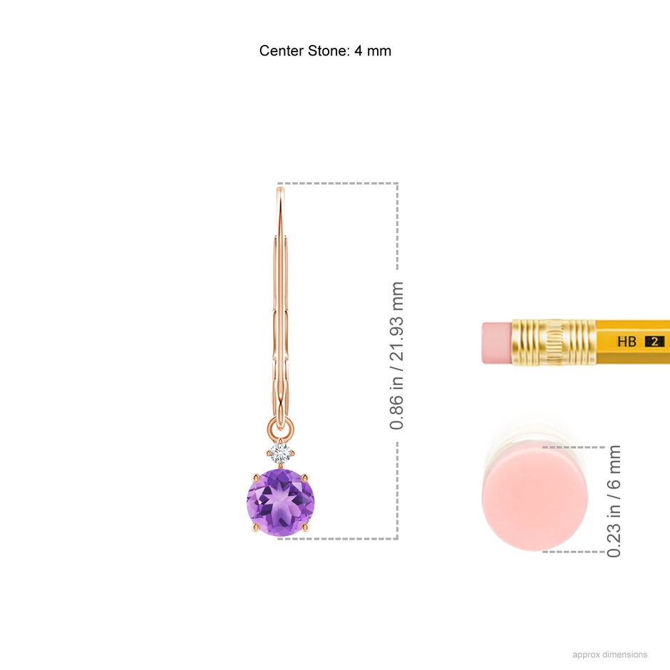 4mm A Prong-Set Round Amethyst Leverback Dangle Earrings with Diamond in Rose Gold ruler