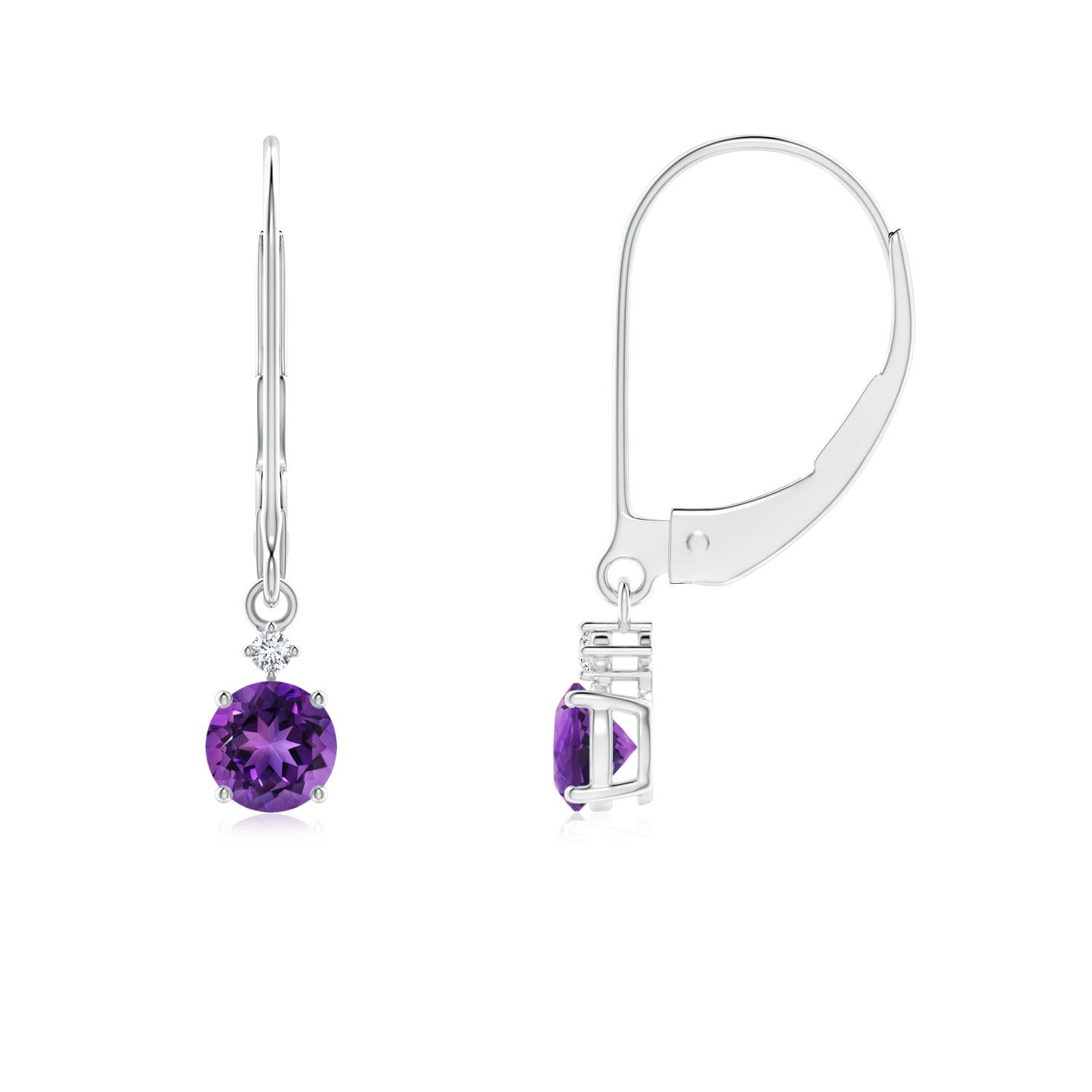 4mm AAAA Prong-Set Round Amethyst Leverback Dangle Earrings with Diamond in P950 Platinum