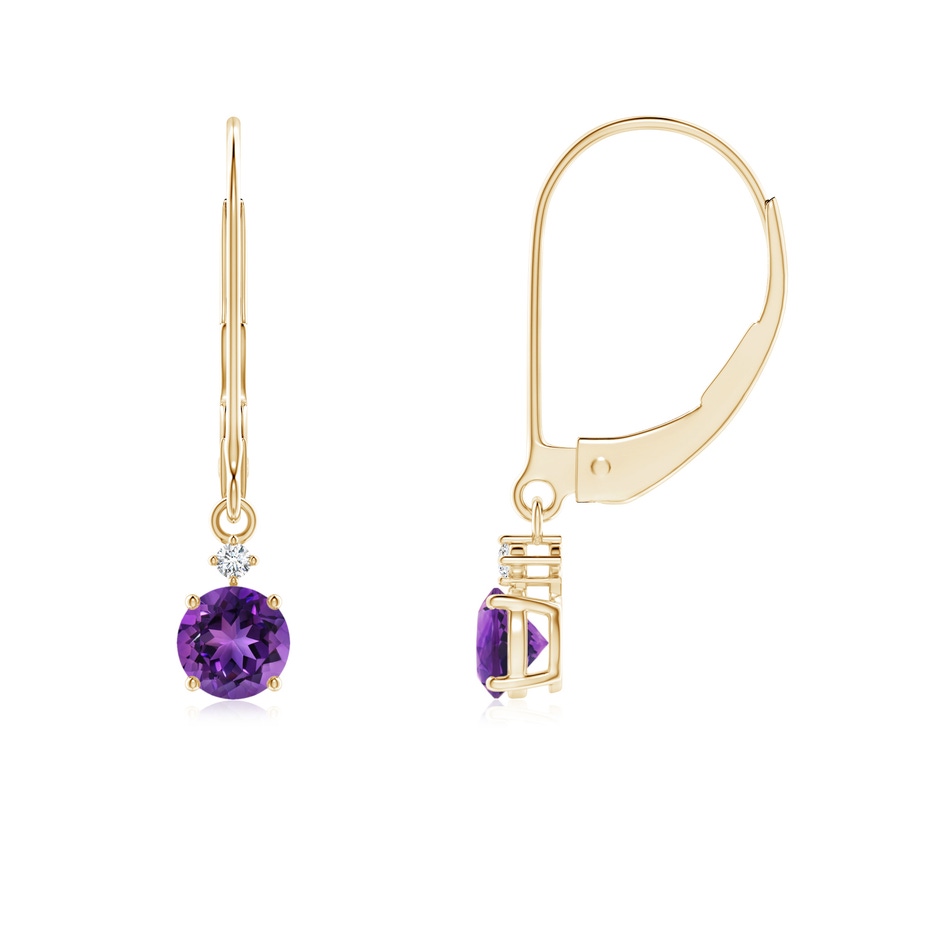 4mm AAAA Prong-Set Round Amethyst Leverback Dangle Earrings with Diamond in Yellow Gold 