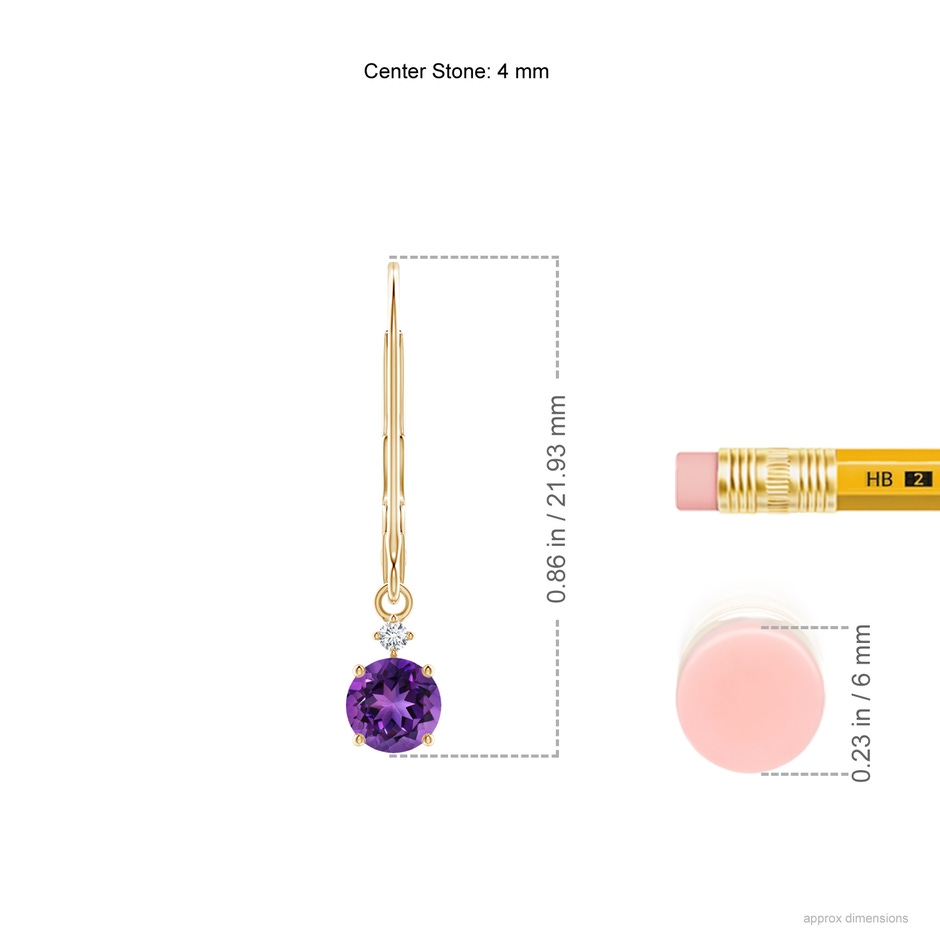 4mm AAAA Prong-Set Round Amethyst Leverback Dangle Earrings with Diamond in Yellow Gold ruler