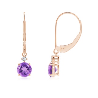 5mm A Prong-Set Round Amethyst Leverback Dangle Earrings with Diamond in Rose Gold