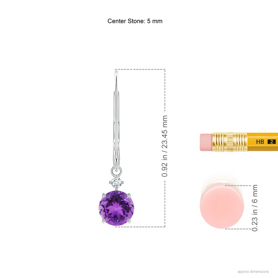 5mm AAA Prong-Set Round Amethyst Leverback Dangle Earrings with Diamond in White Gold ruler