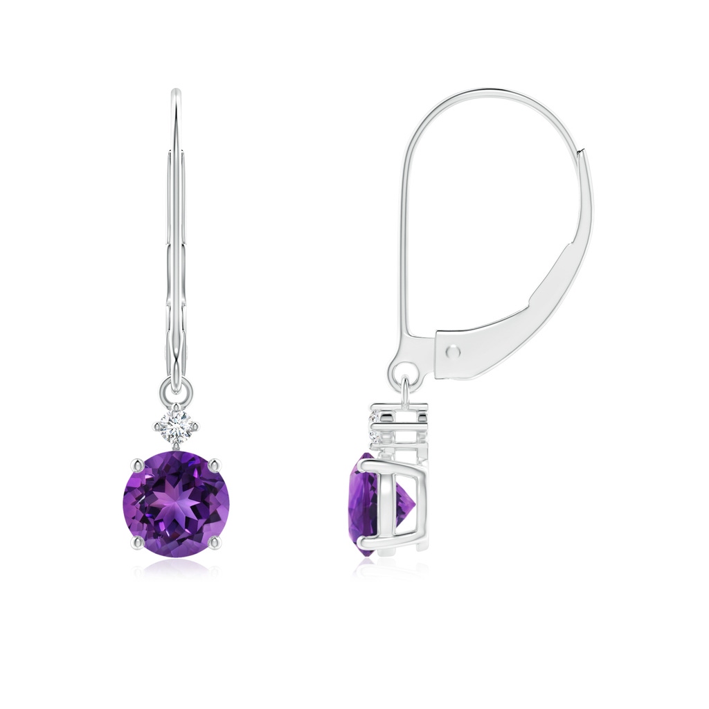 5mm AAAA Solitaire Amethyst Dangle Earrings with Diamond in White Gold