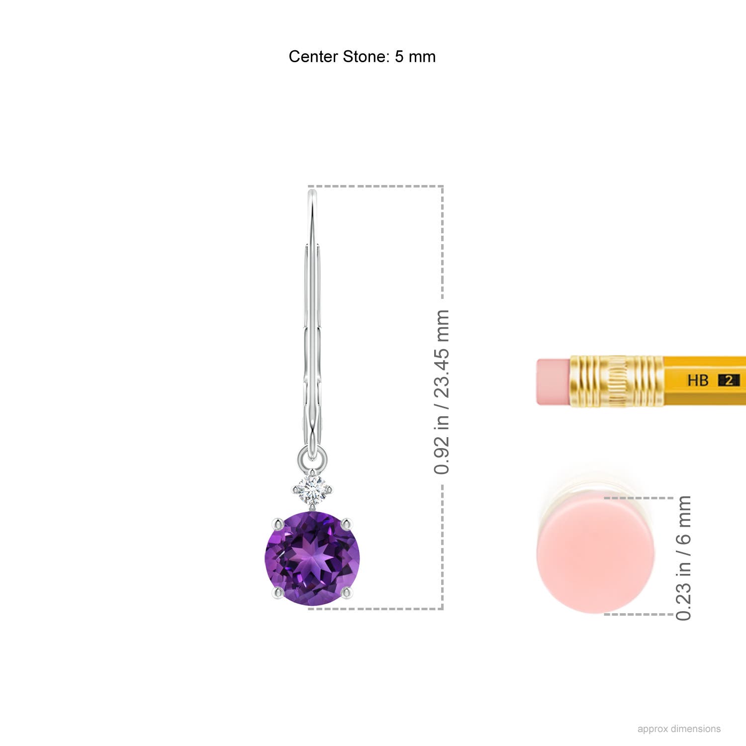 5mm AAAA Prong-Set Round Amethyst Leverback Dangle Earrings with Diamond in White Gold - ruler