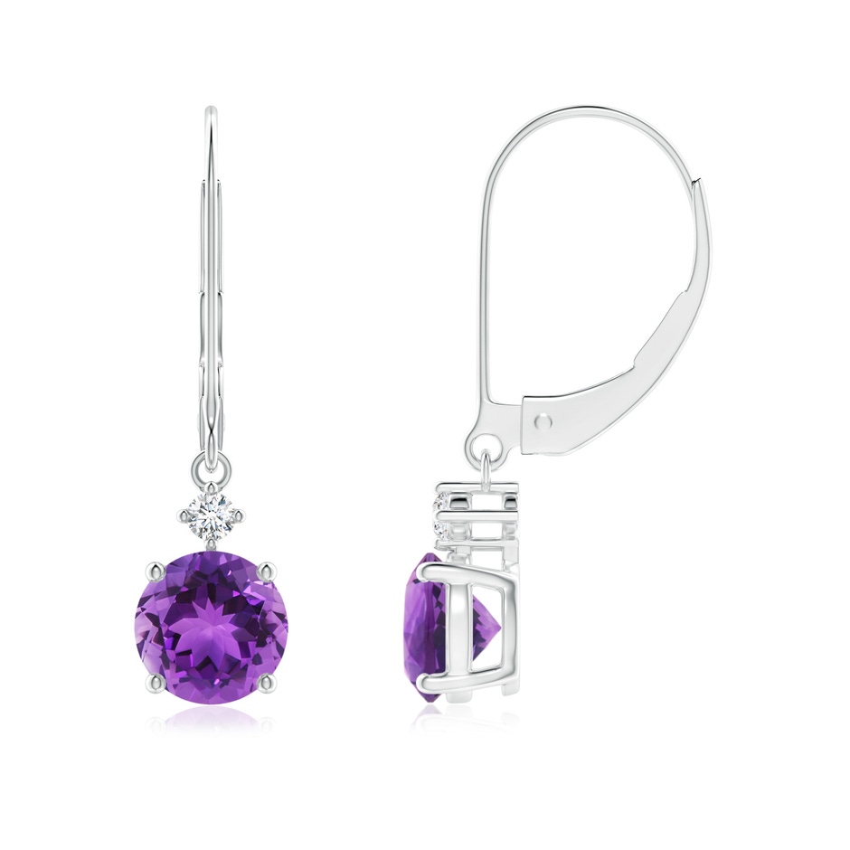 6mm AAA Prong-Set Round Amethyst Leverback Dangle Earrings with Diamond in White Gold 