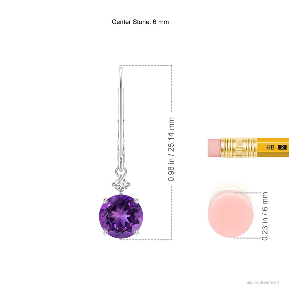 6mm AAAA Solitaire Amethyst Dangle Earrings with Diamond in White Gold ruler