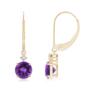 6mm AAAA Solitaire Amethyst Dangle Earrings with Diamond in Yellow Gold
