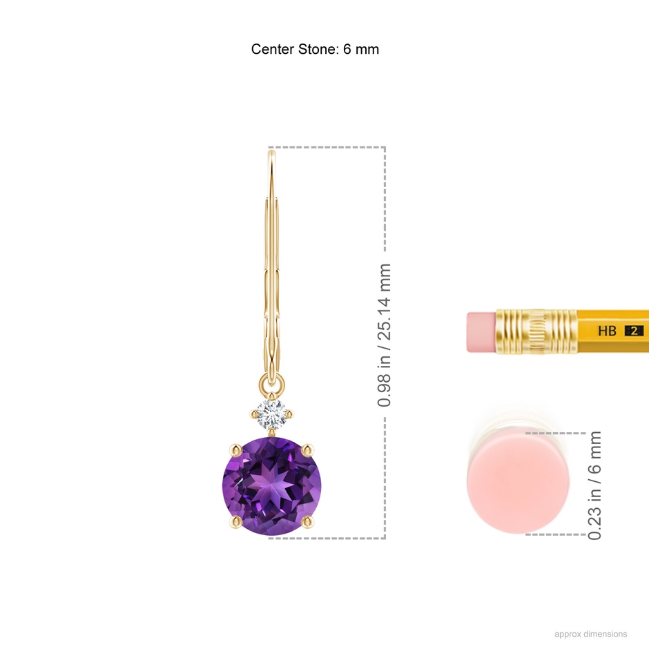 6mm AAAA Prong-Set Round Amethyst Leverback Dangle Earrings with Diamond in Yellow Gold ruler