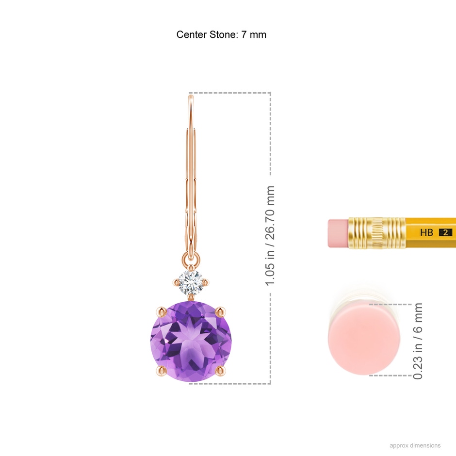 7mm A Prong-Set Round Amethyst Leverback Dangle Earrings with Diamond in 18K Rose Gold ruler