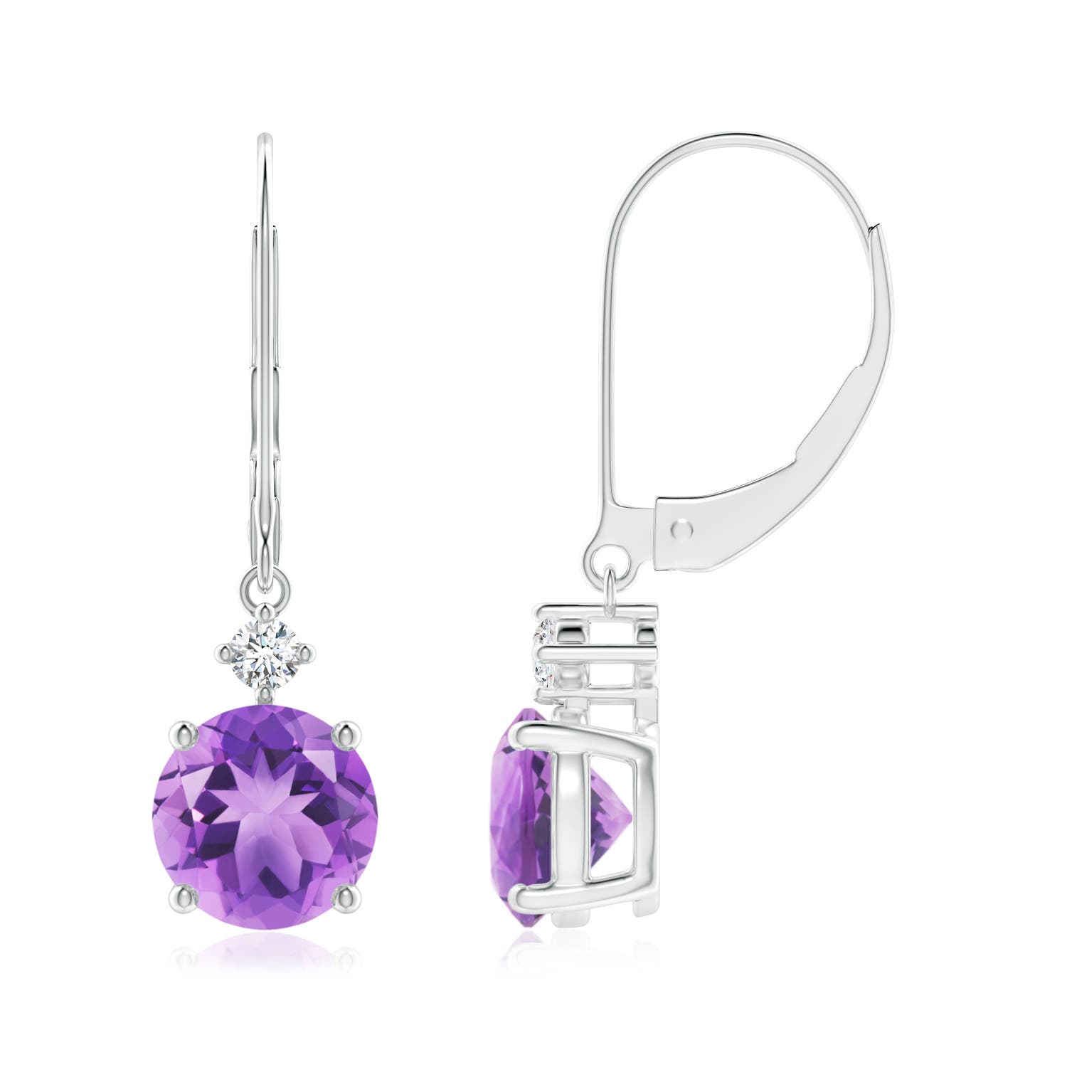 7mm A Prong-Set Round Amethyst Leverback Dangle Earrings with Diamond in P950 Platinum