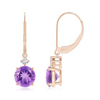 7mm A Prong-Set Round Amethyst Leverback Dangle Earrings with Diamond in Rose Gold