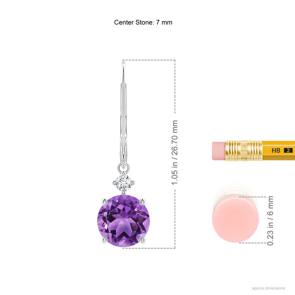 7mm AA Prong-Set Round Amethyst Leverback Dangle Earrings with Diamond in 18K White Gold ruler