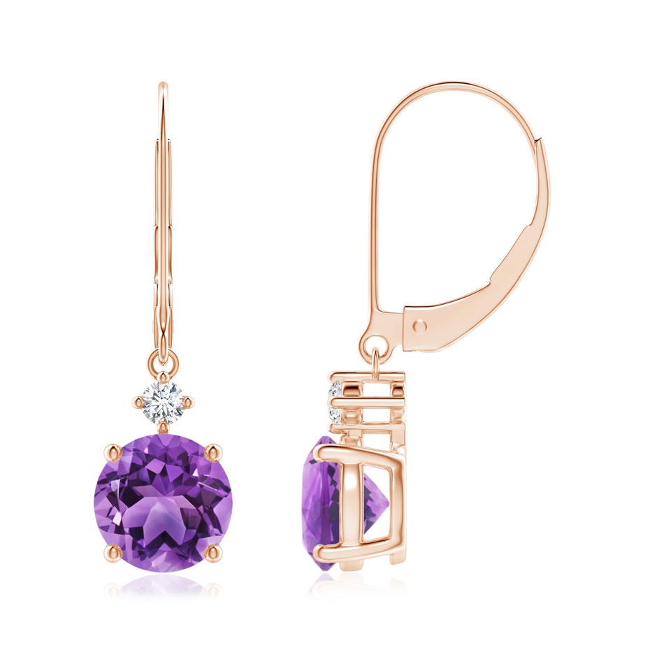 7mm AA Prong-Set Round Amethyst Leverback Dangle Earrings with Diamond in Rose Gold 