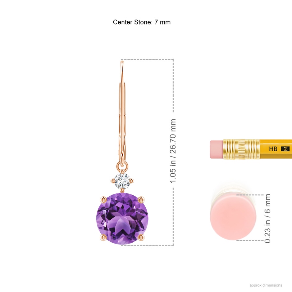 7mm AA Prong-Set Round Amethyst Leverback Dangle Earrings with Diamond in Rose Gold ruler