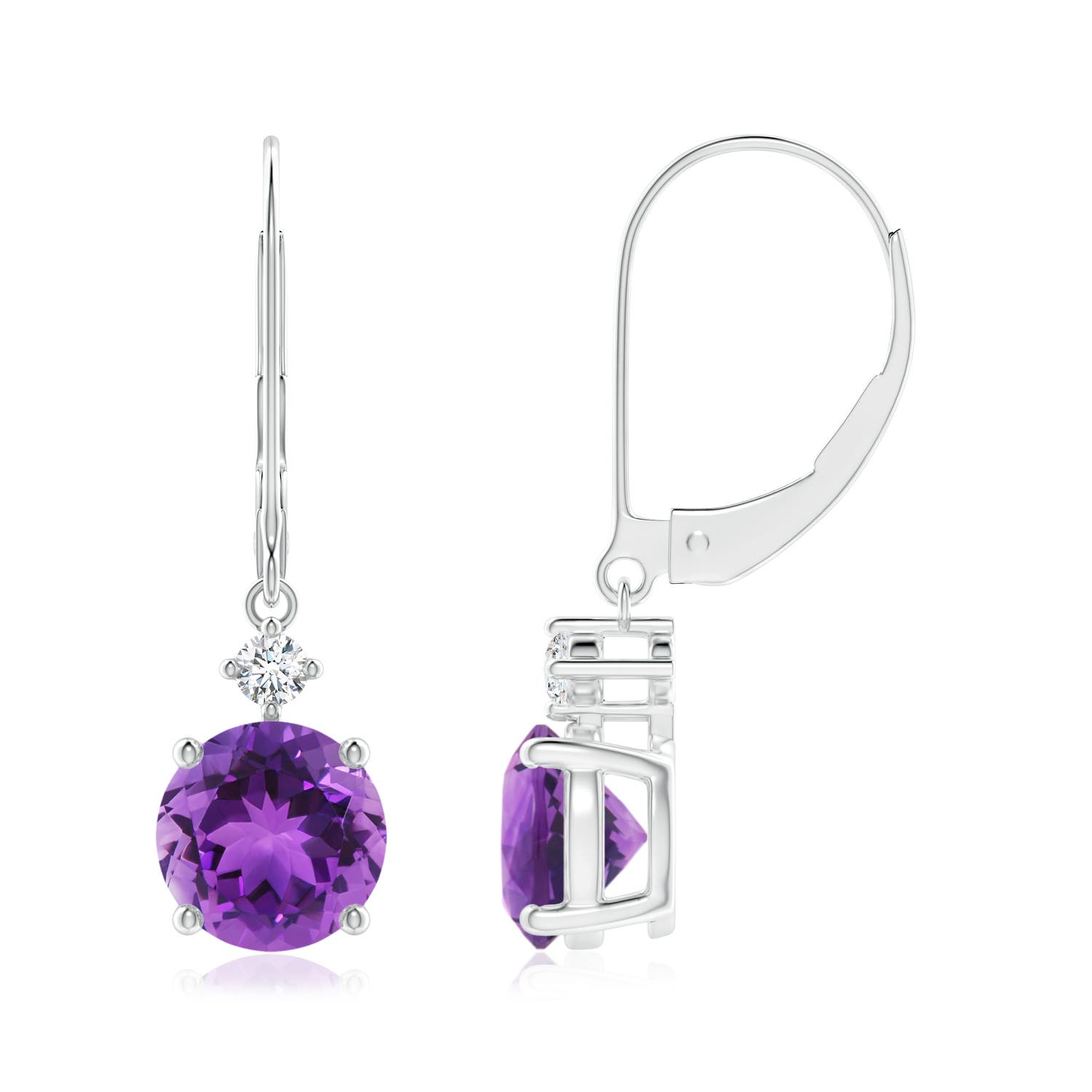 7mm AAA Prong-Set Round Amethyst Leverback Dangle Earrings with Diamond in 18K White Gold