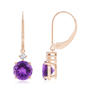 7mm AAA Prong-Set Round Amethyst Leverback Dangle Earrings with Diamond in Rose Gold