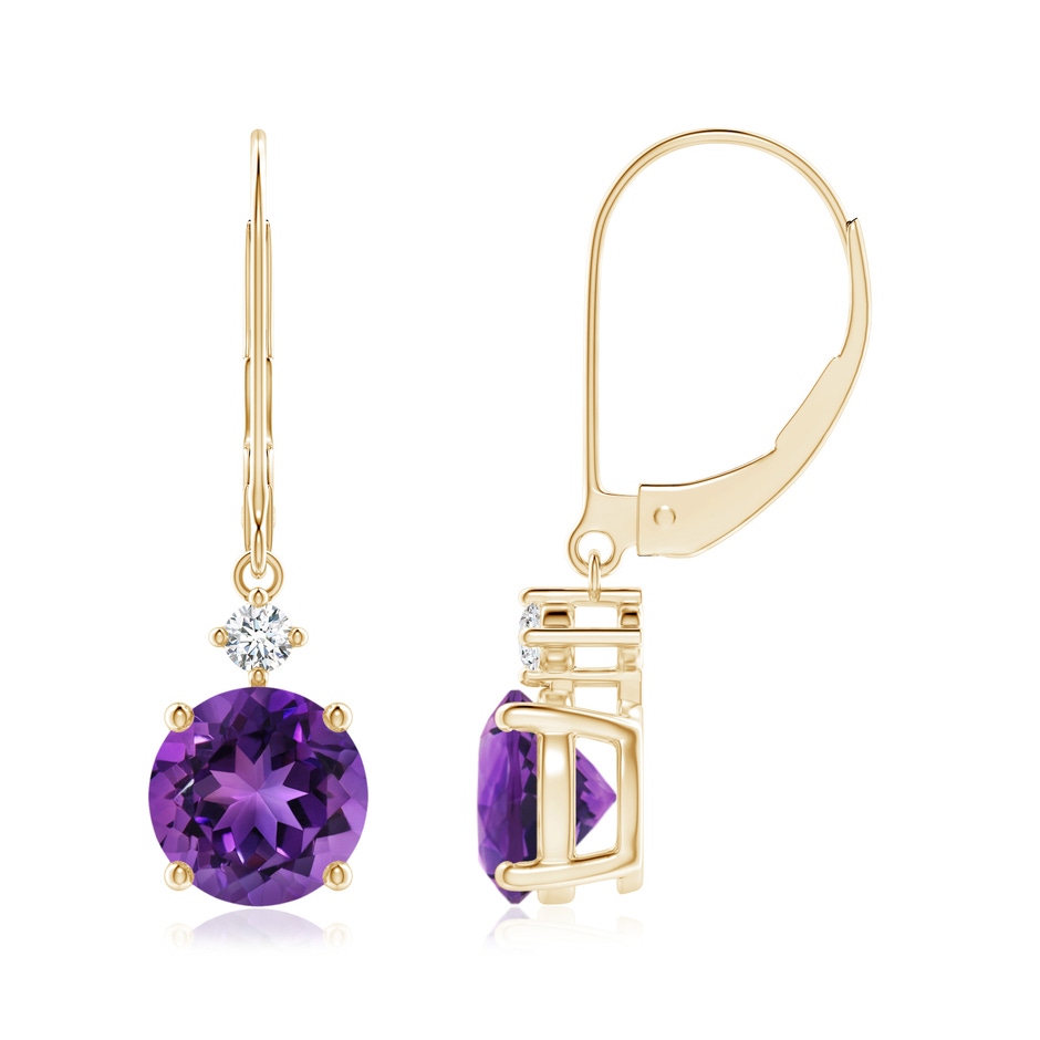 7mm AAAA Prong-Set Round Amethyst Leverback Dangle Earrings with Diamond in 18K Yellow Gold 