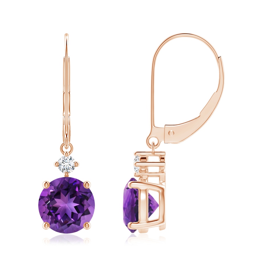 7mm AAAA Solitaire Amethyst Dangle Earrings with Diamond in Rose Gold 