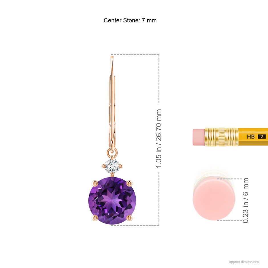 7mm AAAA Solitaire Amethyst Dangle Earrings with Diamond in Rose Gold ruler