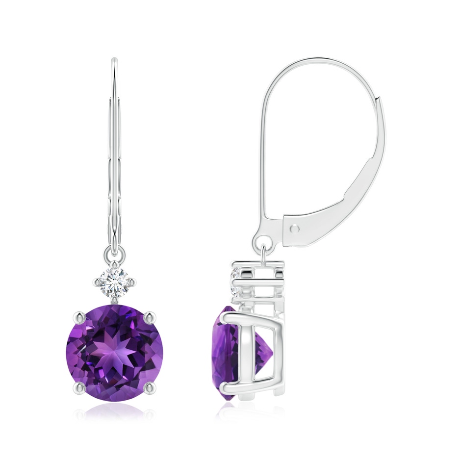 7mm AAAA Solitaire Amethyst Dangle Earrings with Diamond in White Gold 