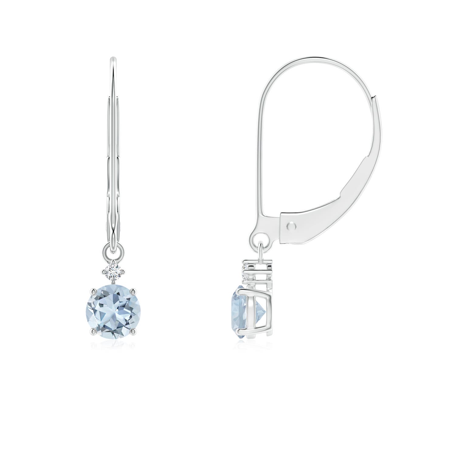 4mm A Prong-Set Round Aquamarine Leverback Dangle Earrings with Diamond in P950 Platinum