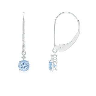 4mm AA Prong-Set Round Aquamarine Leverback Dangle Earrings with Diamond in White Gold