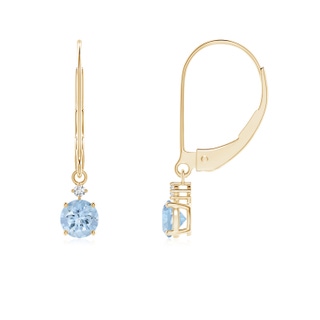 4mm AA Prong-Set Round Aquamarine Leverback Dangle Earrings with Diamond in Yellow Gold