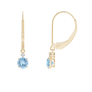 4mm AAA Prong-Set Round Aquamarine Leverback Dangle Earrings with Diamond in Yellow Gold