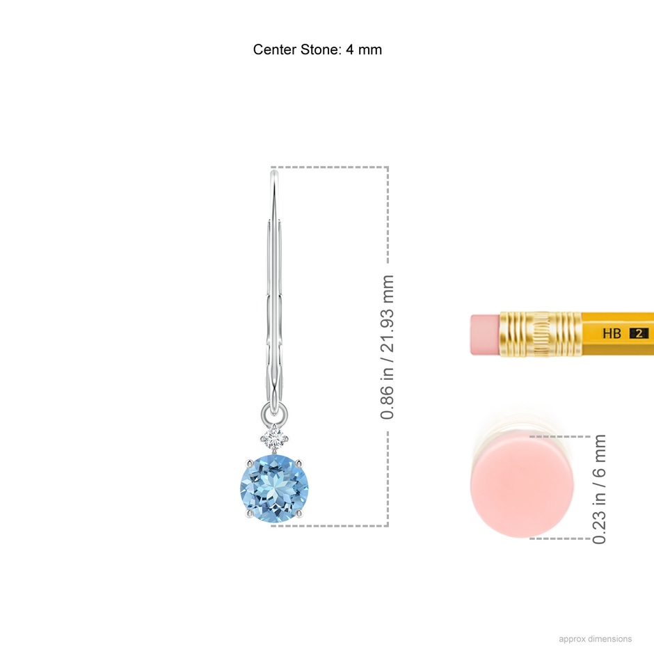 4mm AAAA Prong-Set Round Aquamarine Leverback Dangle Earrings with Diamond in 10K White Gold ruler