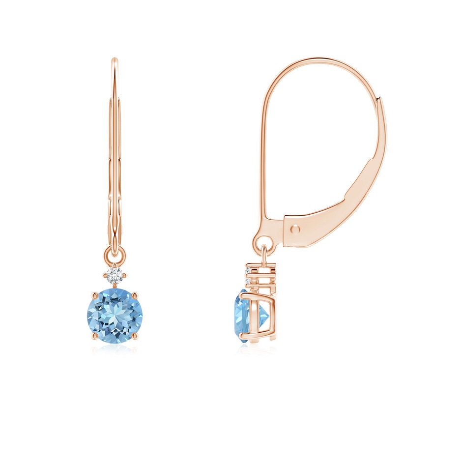4mm AAAA Prong-Set Round Aquamarine Leverback Dangle Earrings with Diamond in Rose Gold 