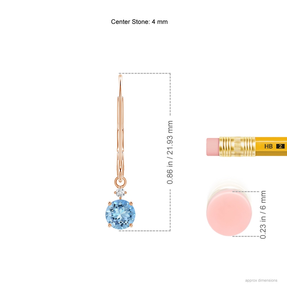 4mm AAAA Prong-Set Round Aquamarine Leverback Dangle Earrings with Diamond in Rose Gold ruler