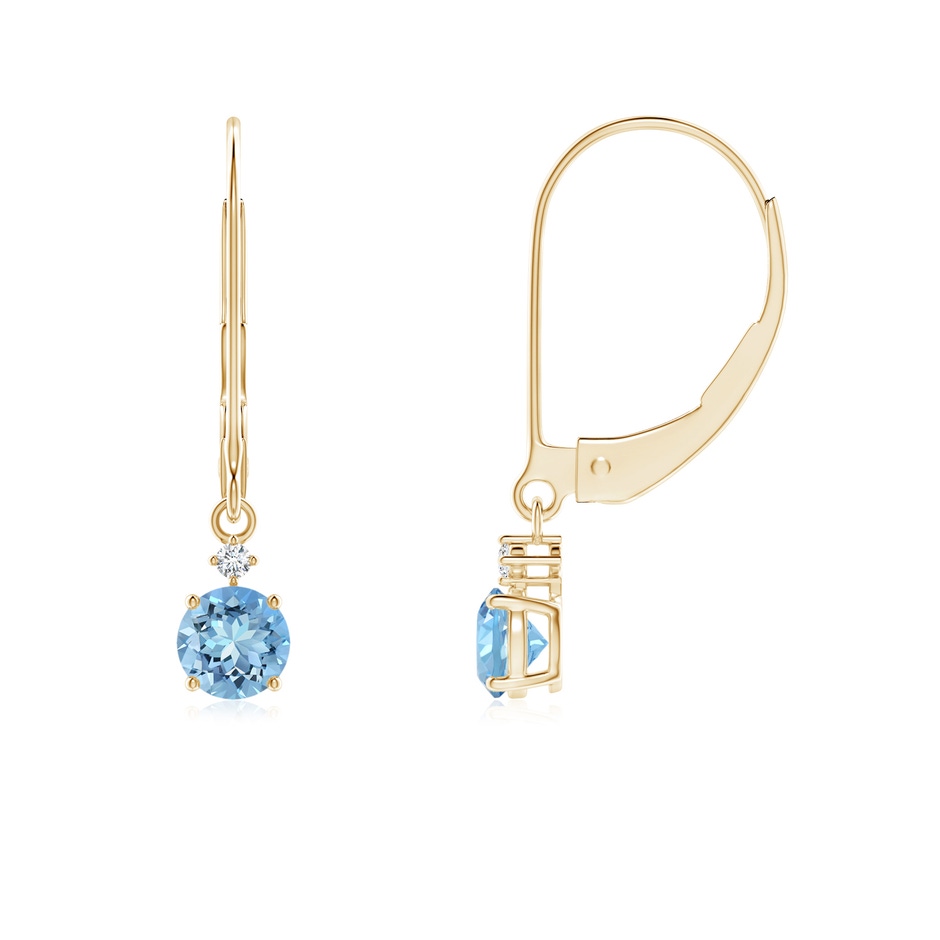 4mm AAAA Prong-Set Round Aquamarine Leverback Dangle Earrings with Diamond in Yellow Gold 