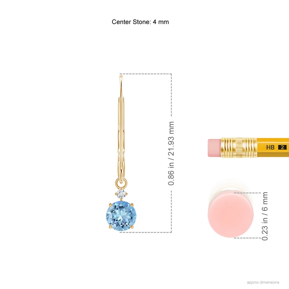 4mm AAAA Prong-Set Round Aquamarine Leverback Dangle Earrings with Diamond in Yellow Gold ruler