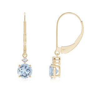 5mm A Prong-Set Round Aquamarine Leverback Dangle Earrings with Diamond in Yellow Gold