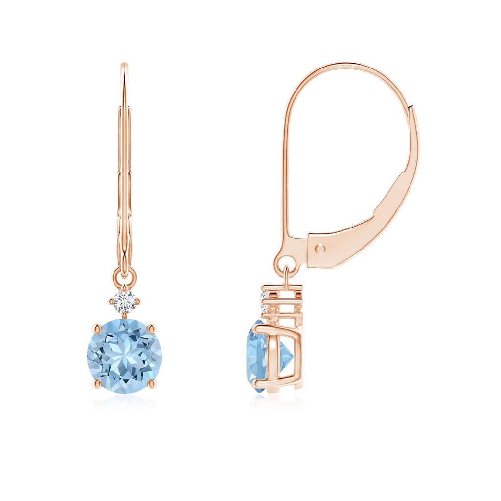 5mm AAA Prong-Set Round Aquamarine Leverback Dangle Earrings with Diamond in 18K Rose Gold