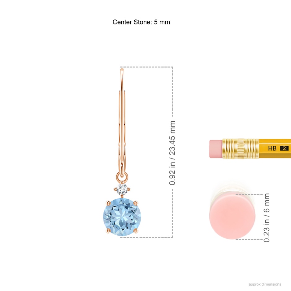 5mm AAA Prong-Set Round Aquamarine Leverback Dangle Earrings with Diamond in 18K Rose Gold ruler