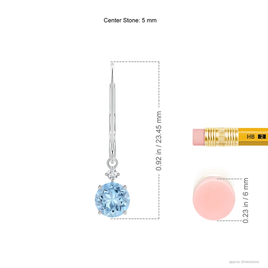 5mm AAA Prong-Set Round Aquamarine Leverback Dangle Earrings with Diamond in White Gold ruler