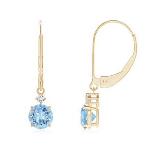 5mm AAA Prong-Set Round Aquamarine Leverback Dangle Earrings with Diamond in Yellow Gold