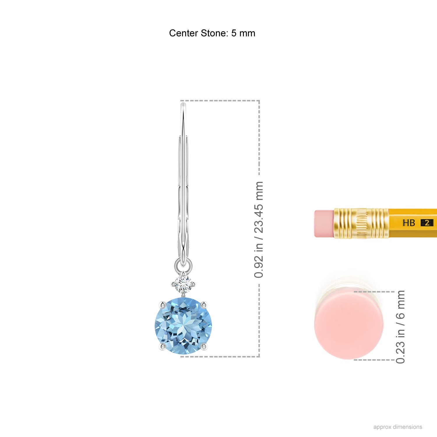 5mm AAAA Prong-Set Round Aquamarine Leverback Dangle Earrings with Diamond in 18K White Gold - ruler