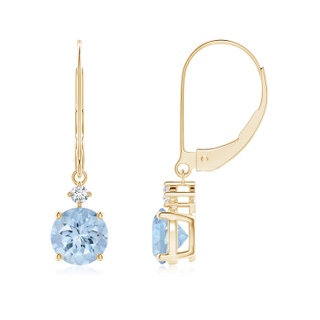 6mm AA Prong-Set Round Aquamarine Leverback Dangle Earrings with Diamond in Yellow Gold