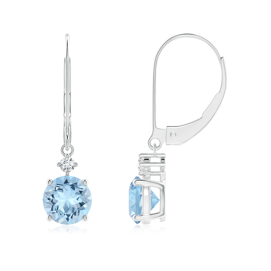 6mm AAA Prong-Set Round Aquamarine Leverback Dangle Earrings with Diamond in White Gold 
