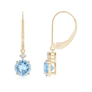 6mm AAA Prong-Set Round Aquamarine Leverback Dangle Earrings with Diamond in Yellow Gold