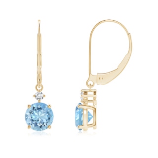 6mm AAAA Solitaire Aquamarine Dangle Earrings with Diamond in Yellow Gold
