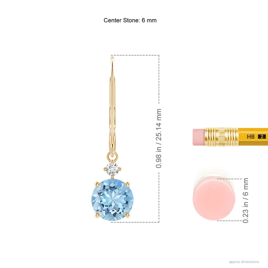 6mm AAAA Prong-Set Round Aquamarine Leverback Dangle Earrings with Diamond in Yellow Gold ruler