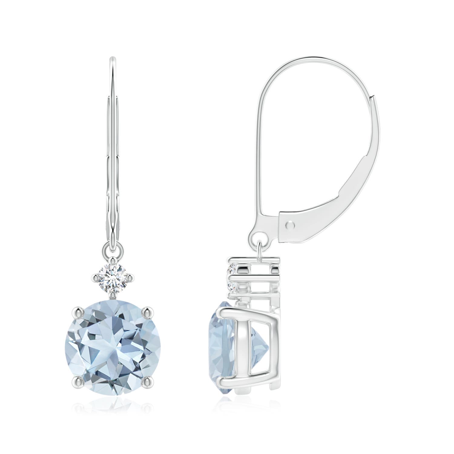 7mm A Prong-Set Round Aquamarine Leverback Dangle Earrings with Diamond in P950 Platinum