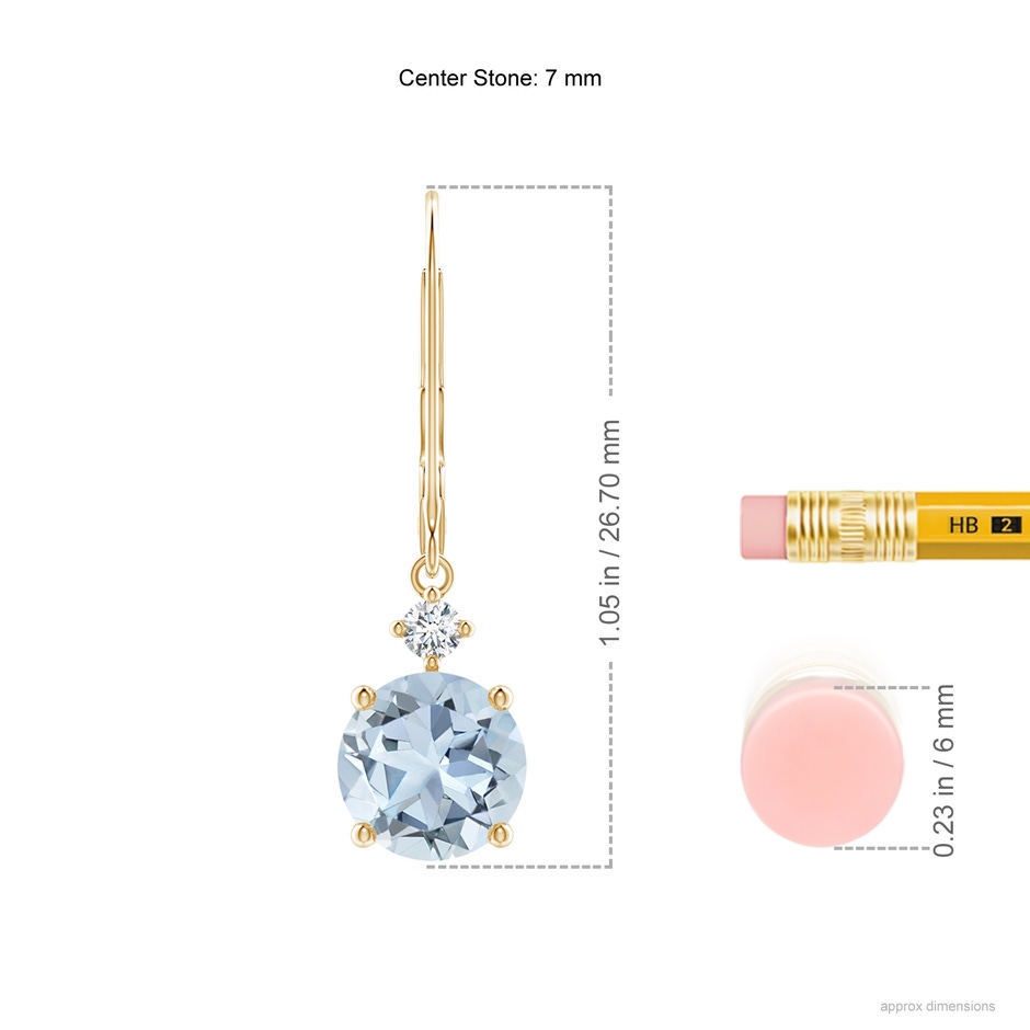 7mm A Prong-Set Round Aquamarine Leverback Dangle Earrings with Diamond in Yellow Gold ruler