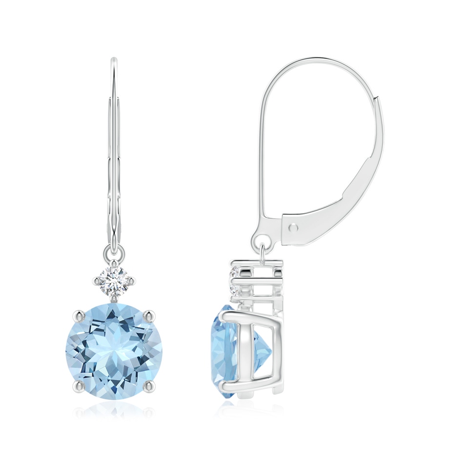7mm AAA Prong-Set Round Aquamarine Leverback Dangle Earrings with Diamond in White Gold 