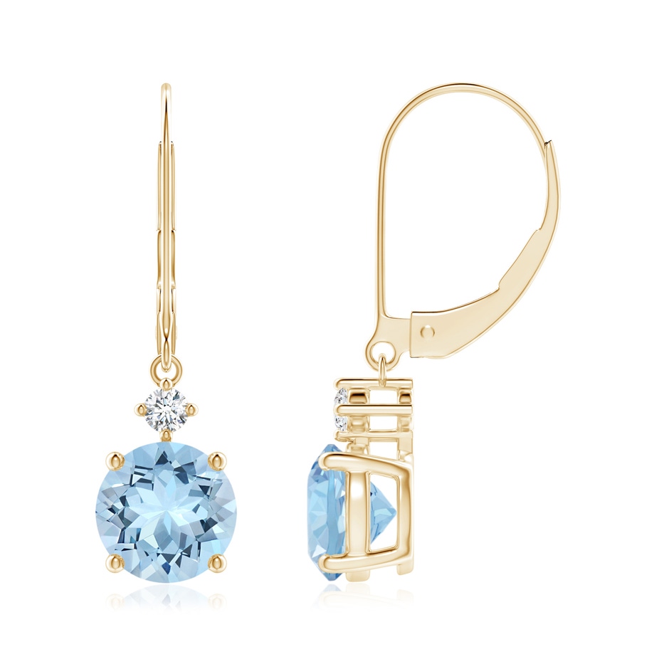 7mm AAA Prong-Set Round Aquamarine Leverback Dangle Earrings with Diamond in Yellow Gold 