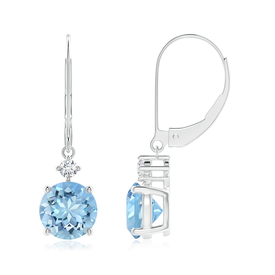 7mm AAAA Prong-Set Round Aquamarine Leverback Dangle Earrings with Diamond in 18K White Gold 