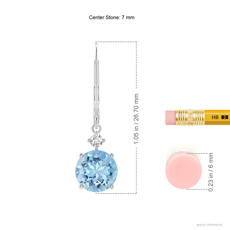 7mm AAAA Prong-Set Round Aquamarine Leverback Dangle Earrings with Diamond in 18K White Gold ruler